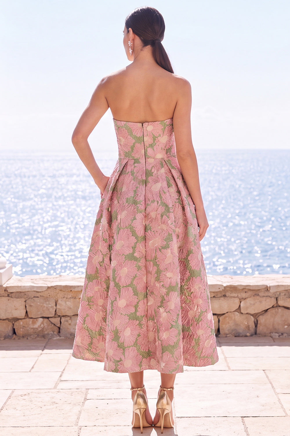 Pink Flower A Line Strapless Midi Formal Dress