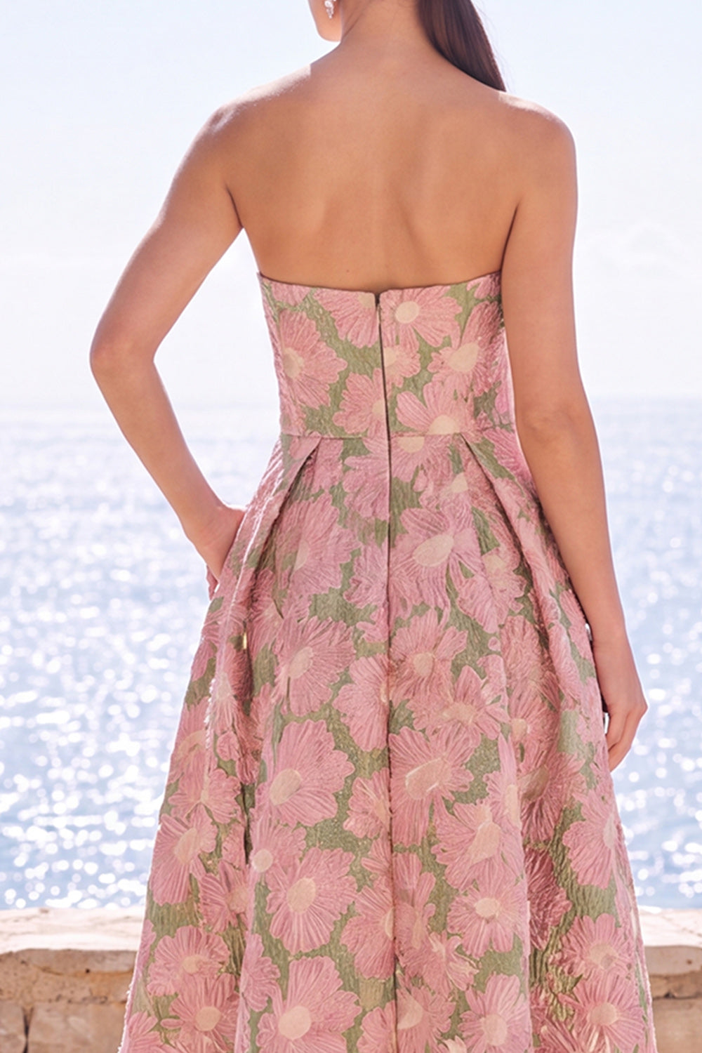 Pink Flower A Line Strapless Midi Formal Dress