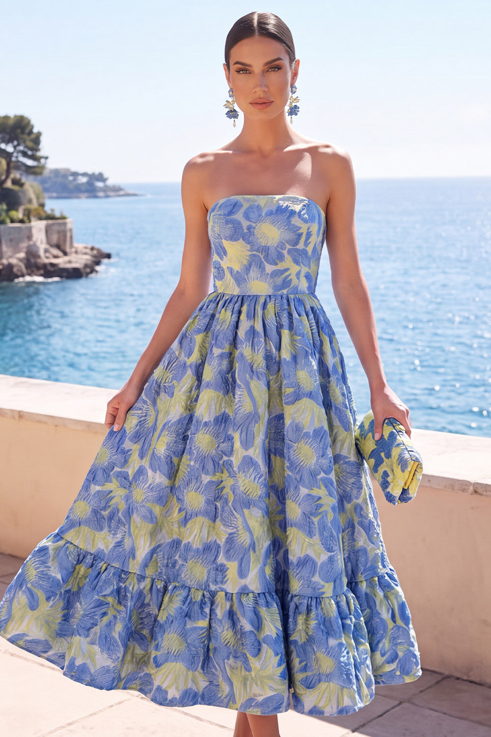 Dark Green Floral A Line Strapless Midi Formal Dress with Ruffles