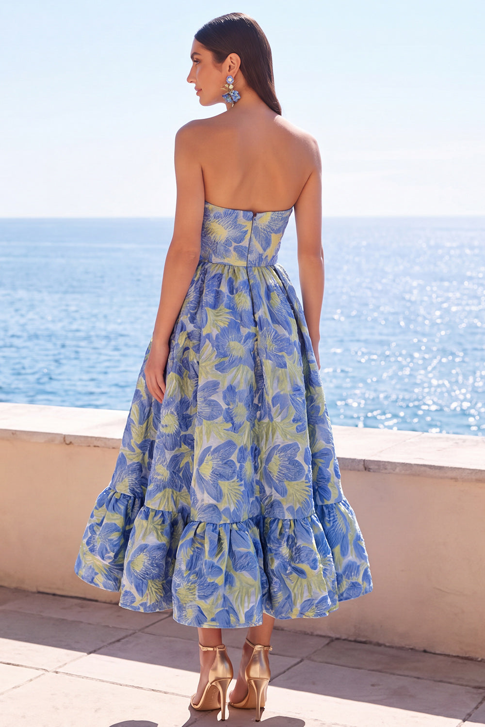 Dark Green Floral A Line Strapless Midi Formal Dress with Ruffles