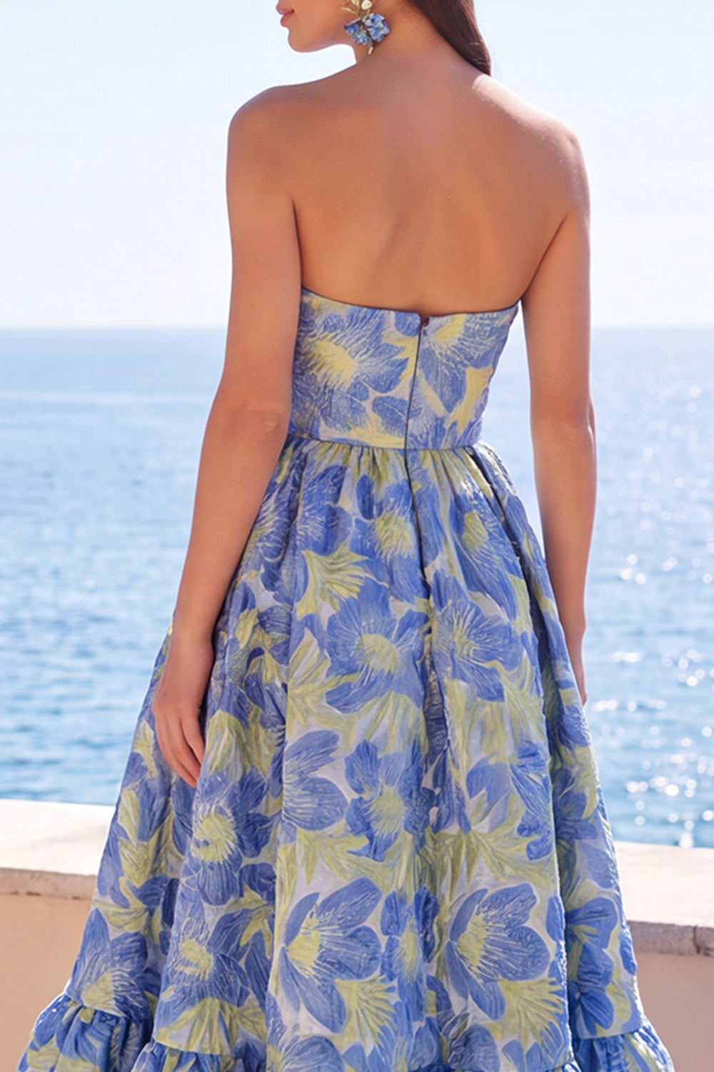 Dark Green Floral A Line Strapless Midi Formal Dress with Ruffles