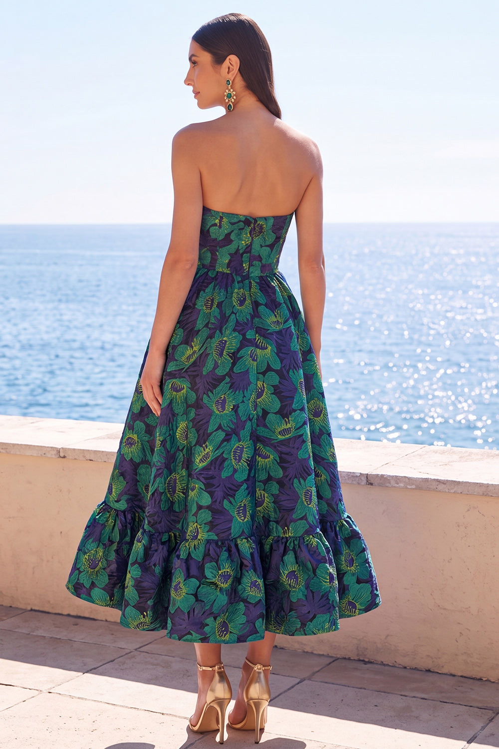 Dark Green Floral A Line Strapless Midi Formal Dress with Ruffles