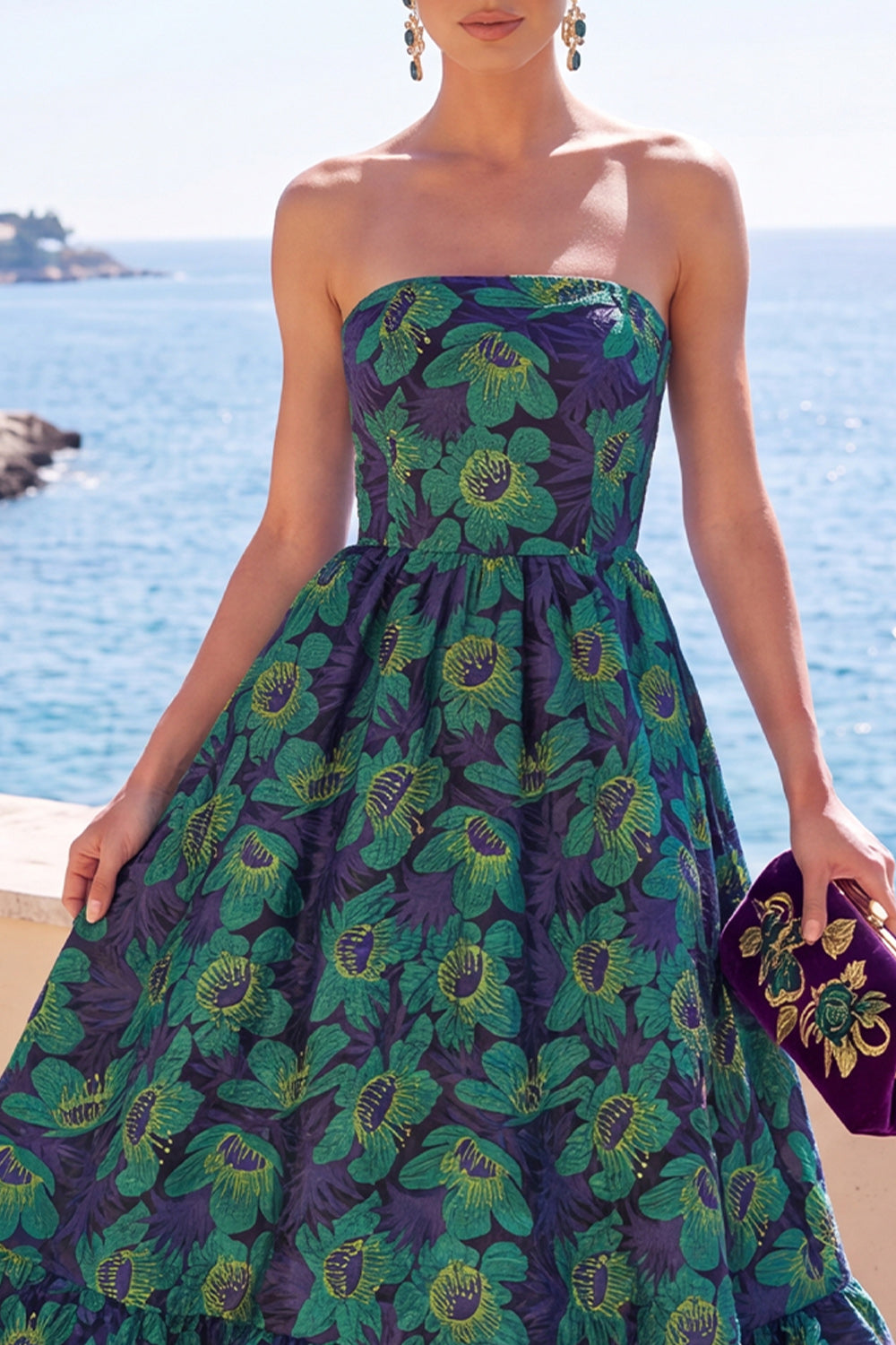 Dark Green Floral A Line Strapless Midi Formal Dress with Ruffles