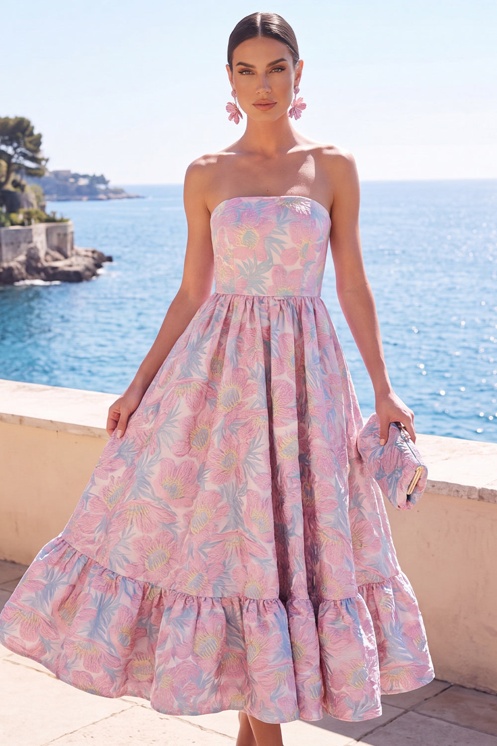 Dark Green Floral A Line Strapless Midi Formal Dress with Ruffles