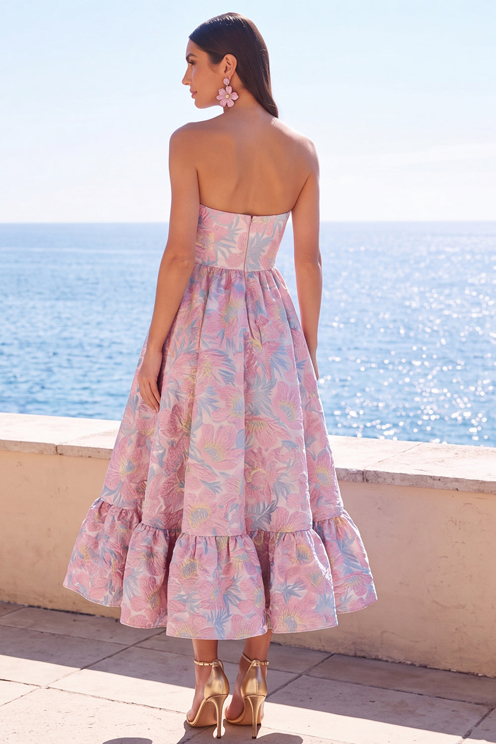 Dark Green Floral A Line Strapless Midi Formal Dress with Ruffles