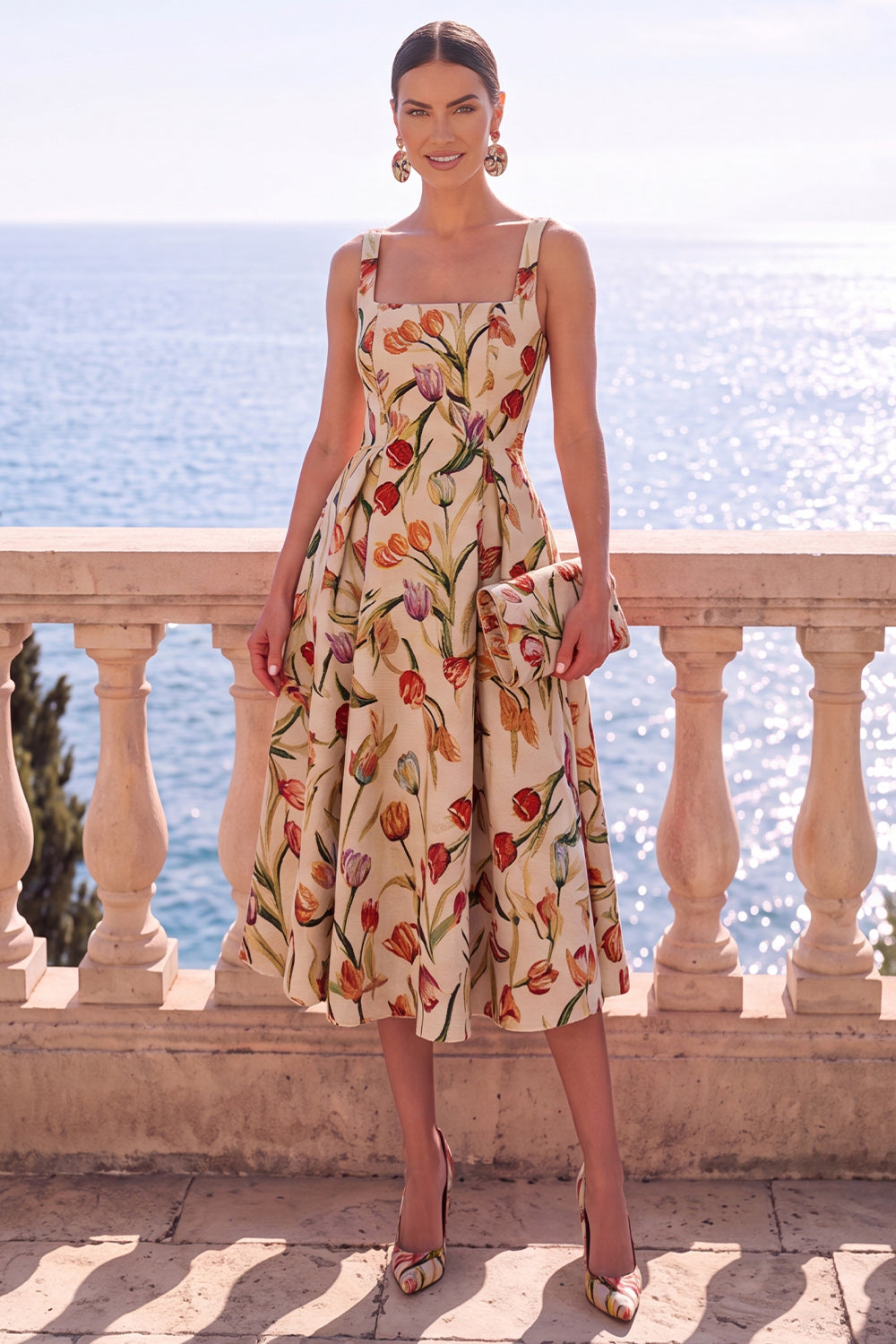 Floral Black Jacquard A Line Square Neck Midi Formal Dress