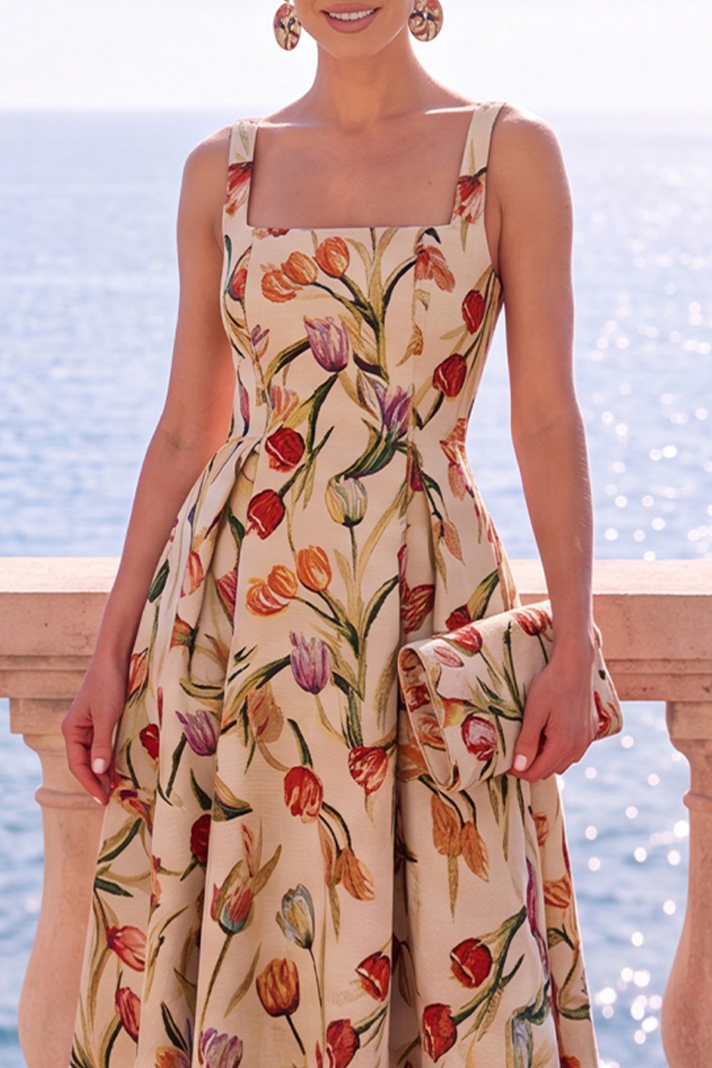 Floral Black Jacquard A Line Square Neck Midi Formal Dress