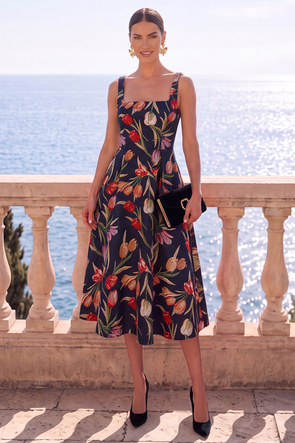 Black Floral Jacquard Midi Formal Dress Square Neck A Line Wedding Guest Dress