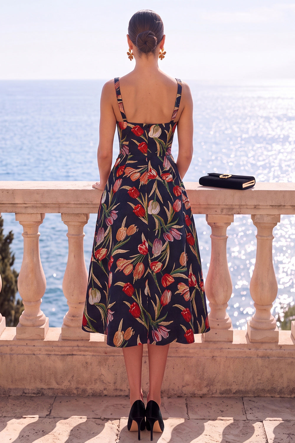 Floral Black Jacquard A Line Square Neck Midi Formal Dress