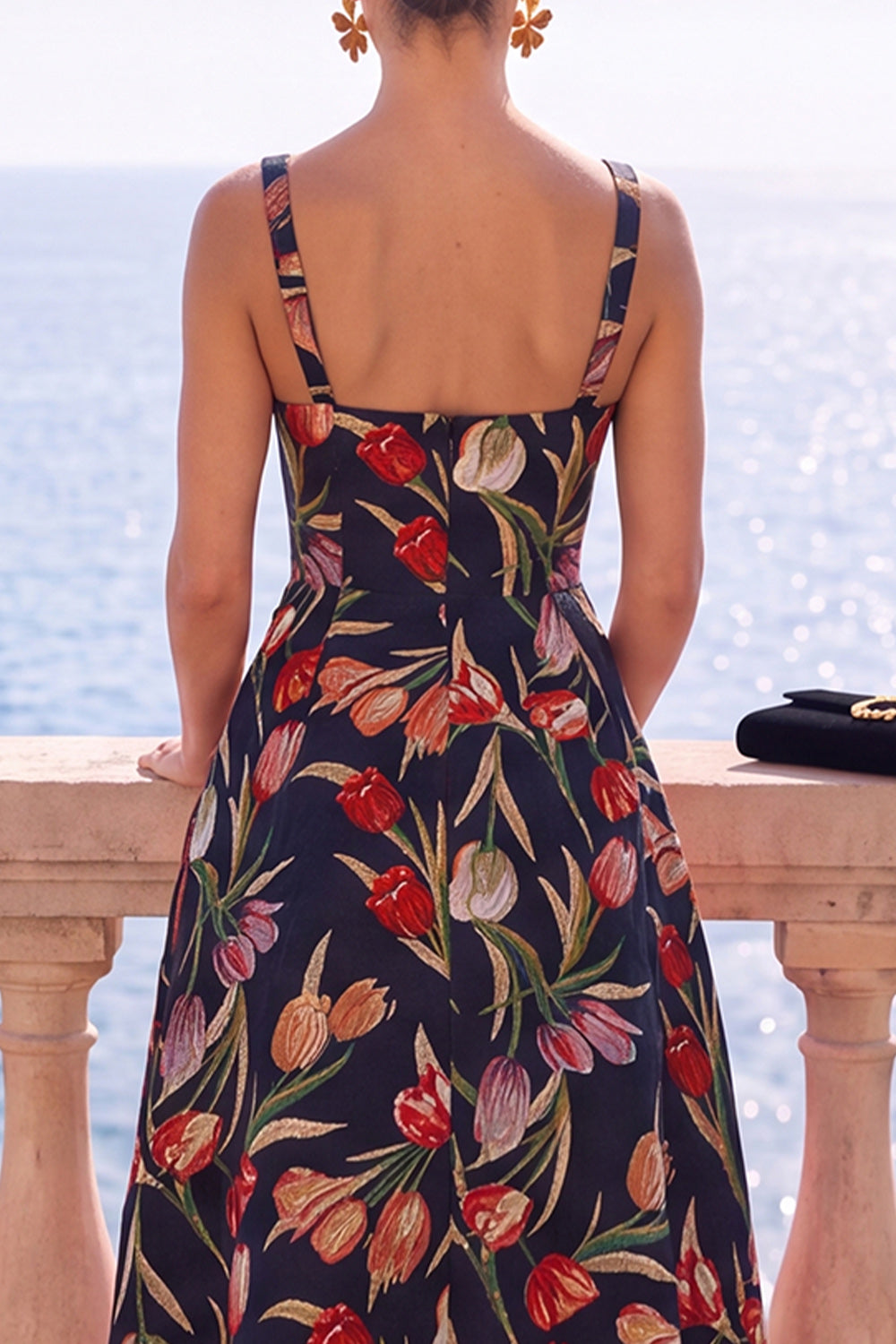 Floral Black Jacquard A Line Square Neck Midi Formal Dress