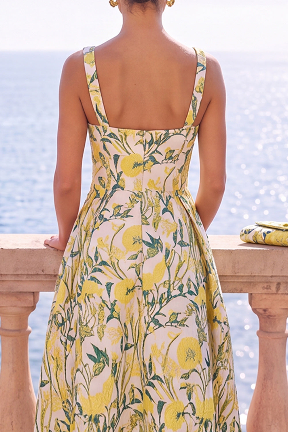 Floral Black Jacquard A Line Square Neck Midi Formal Dress