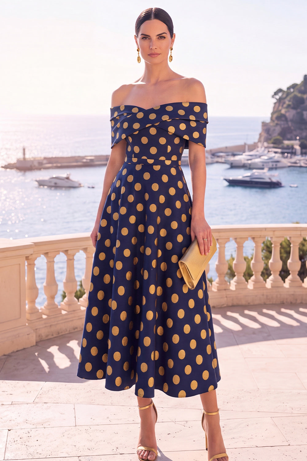 Navy Blue Flower A Line Off the Shoulder Midi Formal Dress