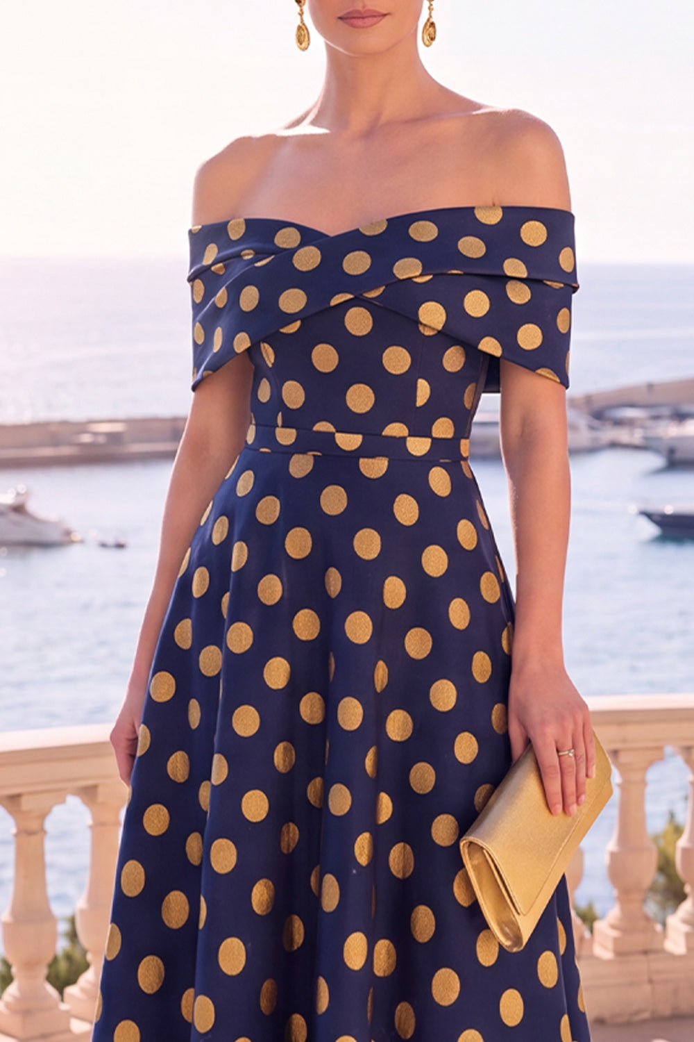 Navy Blue Flower A Line Off the Shoulder Midi Formal Dress