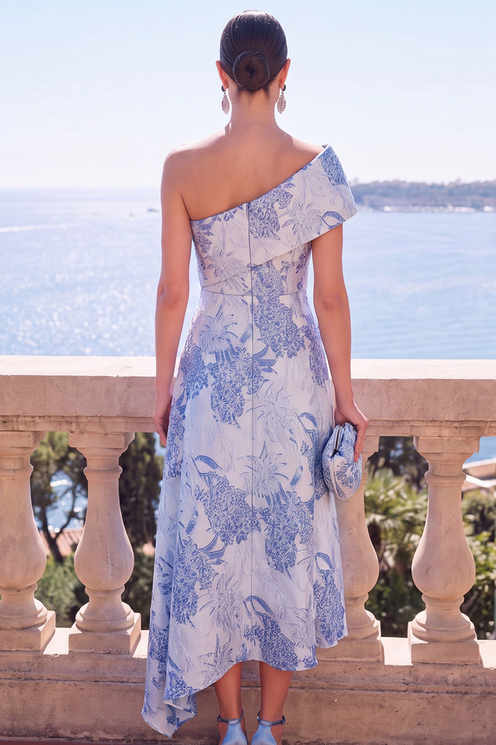 Floral Pink A Line One Shoulder Midi Formal Dress