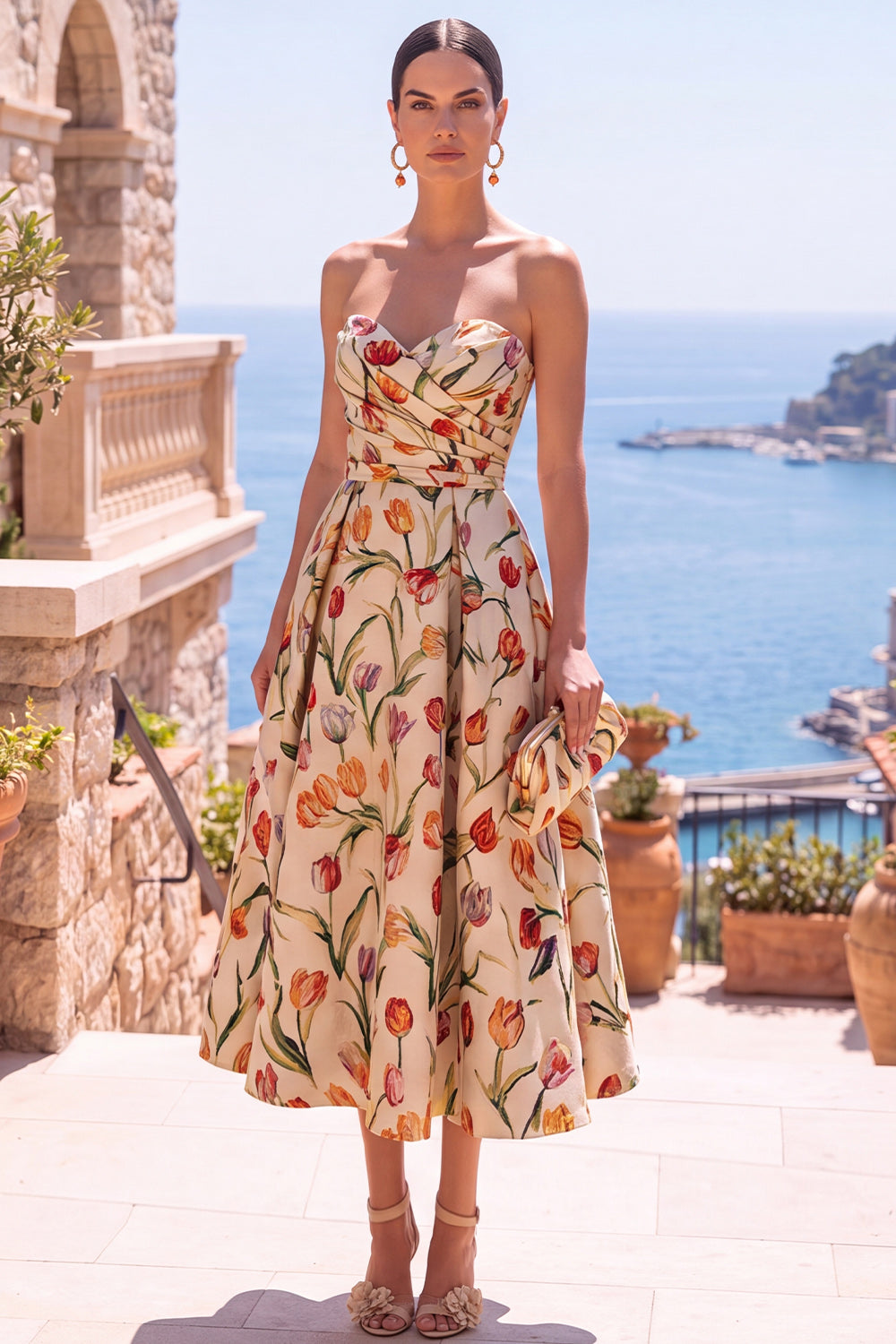 Apricot Floral Sweetheart A Line Ruched Midi Formal Dress