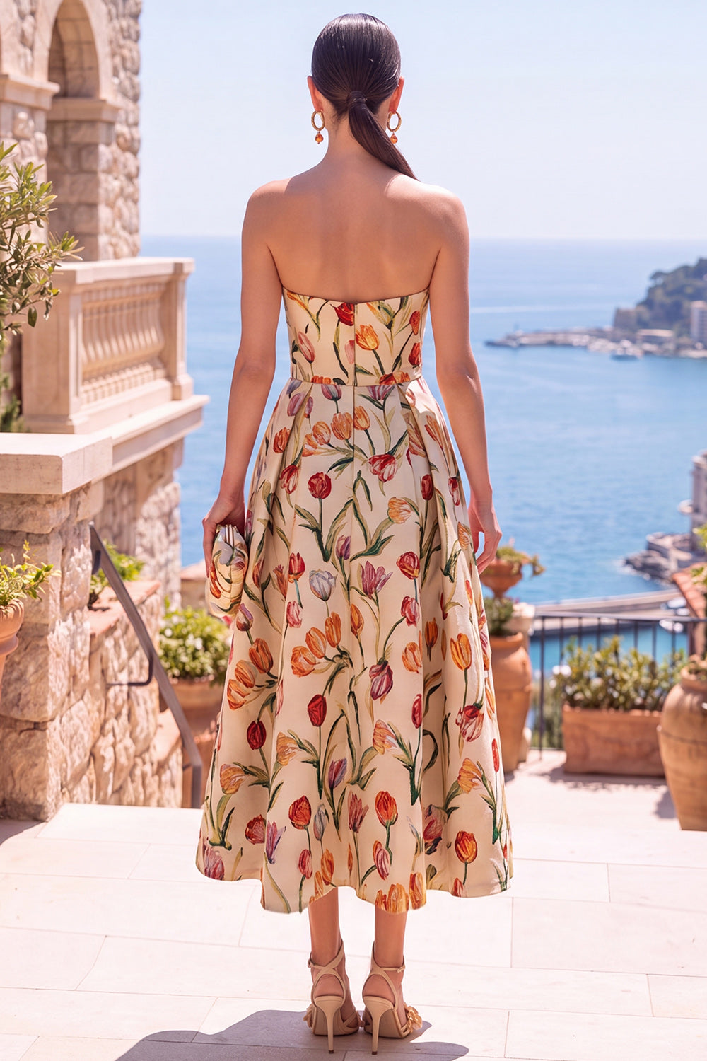 Apricot Floral Sweetheart A Line Ruched Midi Formal Dress