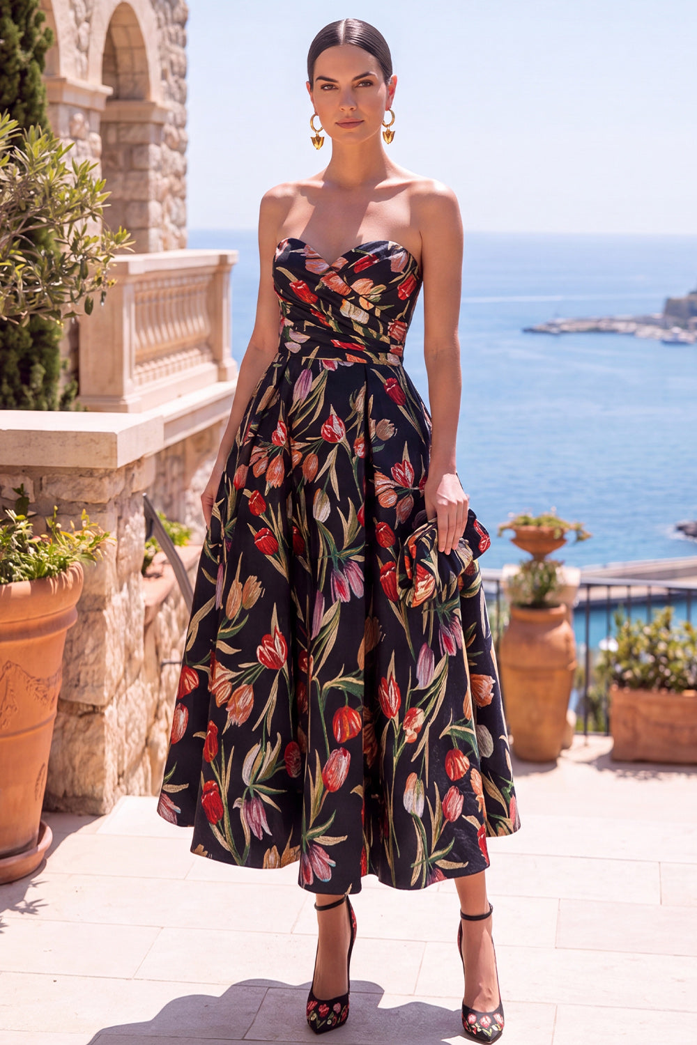 Apricot Floral Sweetheart A Line Ruched Midi Formal Dress