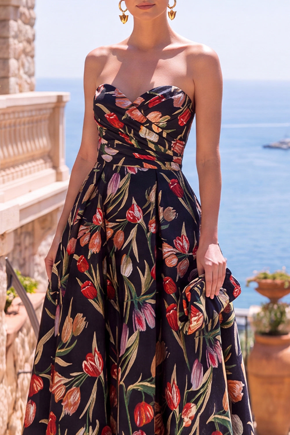 Apricot Floral Sweetheart A Line Ruched Midi Formal Dress