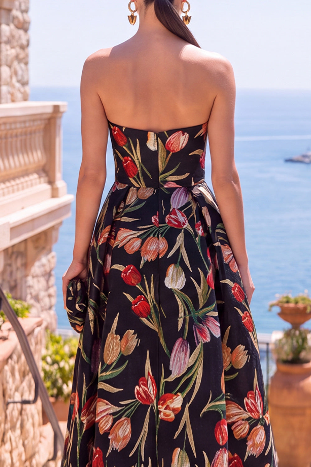 Apricot Floral Sweetheart A Line Ruched Midi Formal Dress
