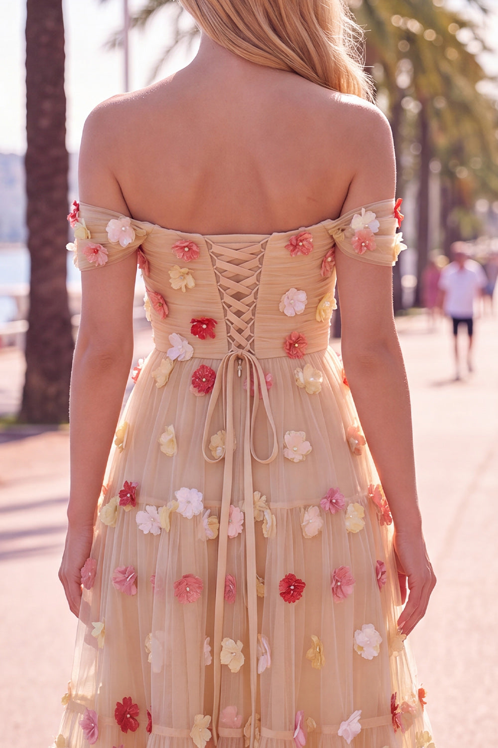 Red Flower Off the Shoulder A Line Tulle Midi Formal Dress