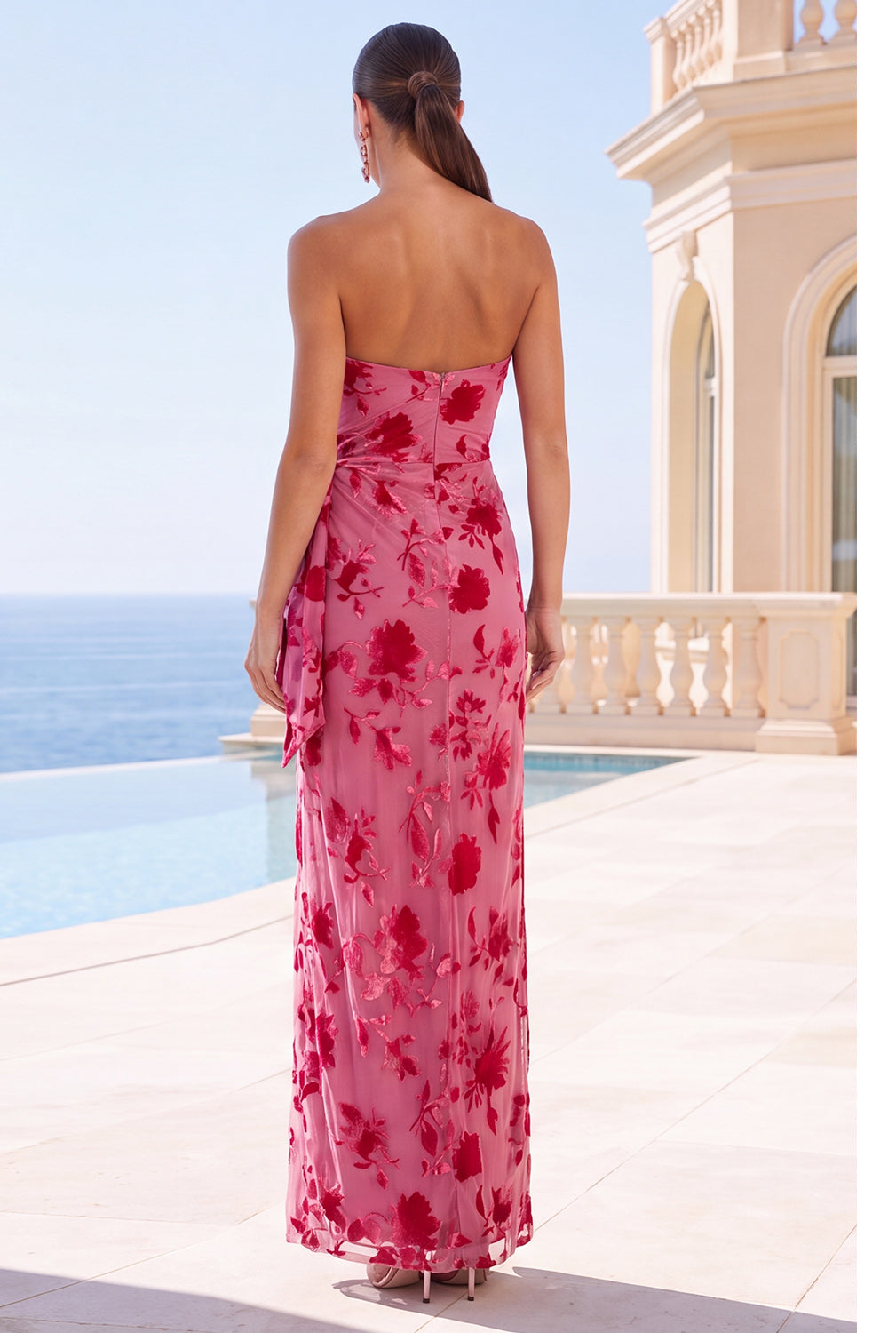 Fuchsia Floral Strapless Sheath Long Formal Dress with Slit