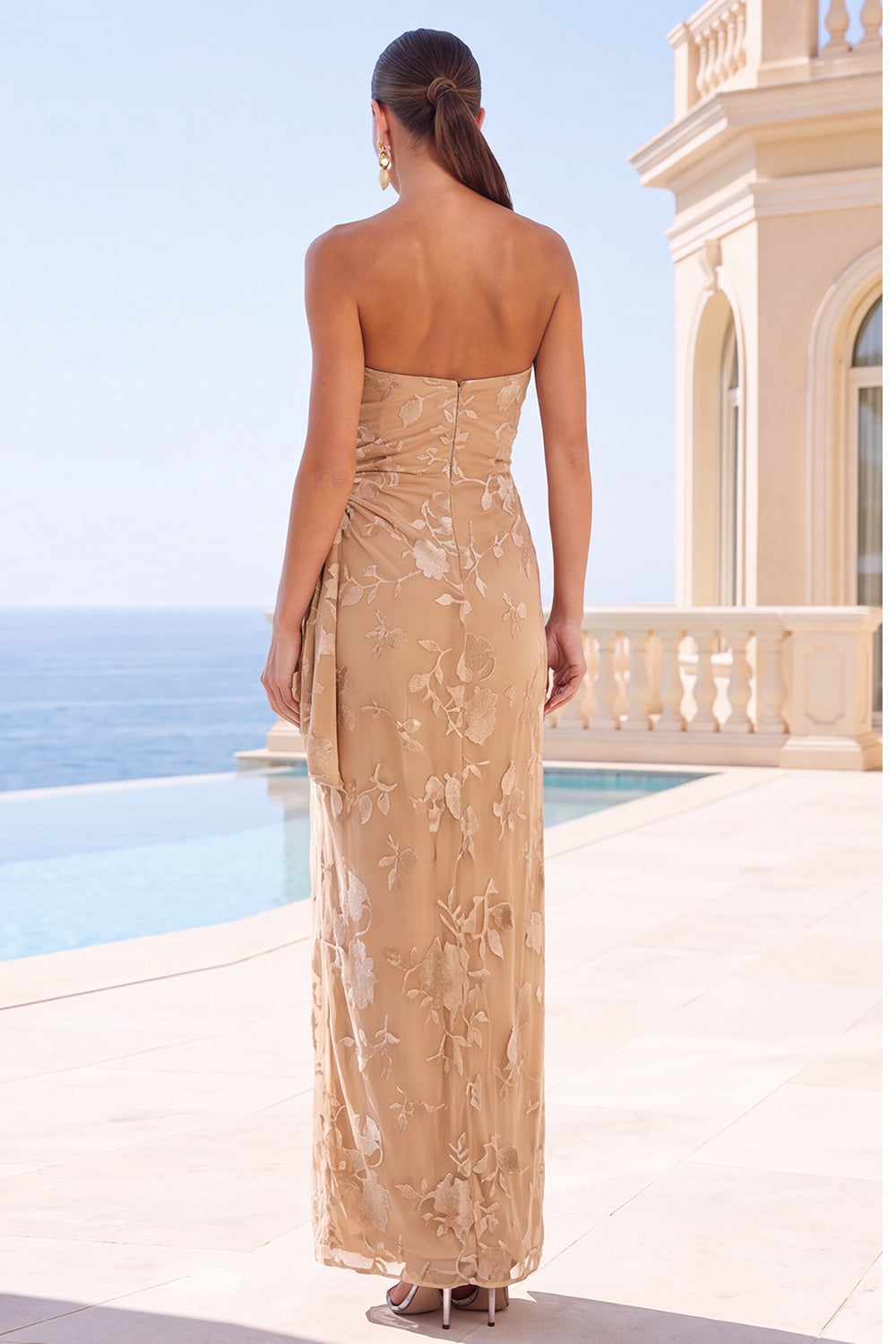 Fuchsia Floral Strapless Sheath Long Formal Dress with Slit