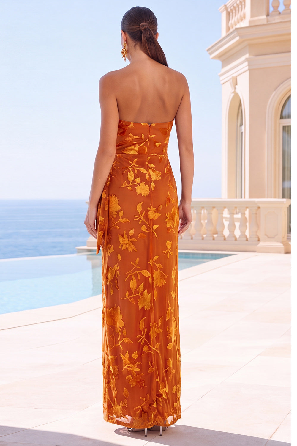 Fuchsia Floral Strapless Sheath Long Formal Dress with Slit