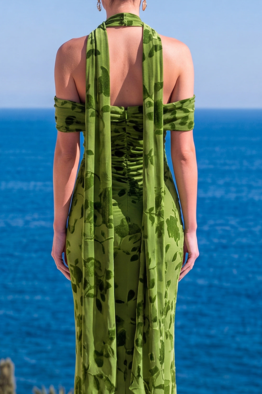 Green Mermaid Floral Cold Shoulder Long Formal Dress