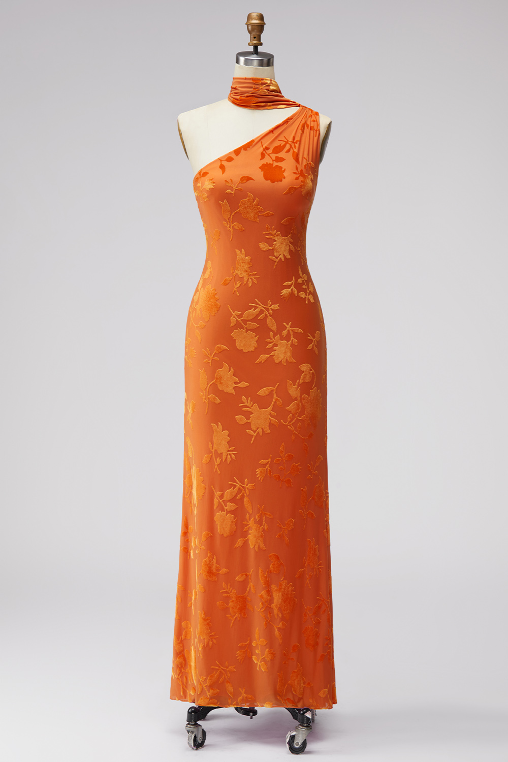 Floral Orange Sheath One Shoulder Long Formal Dress