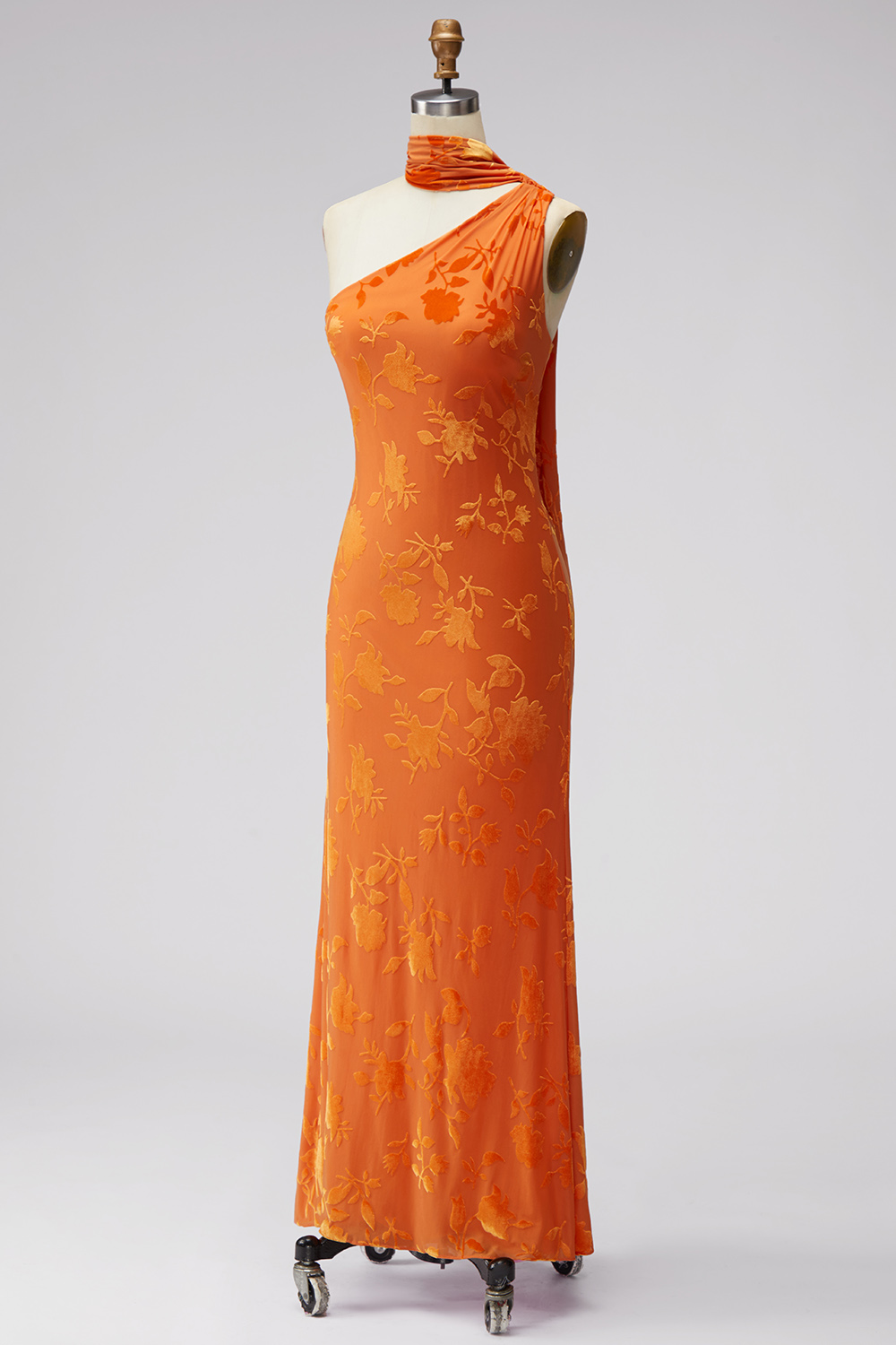 Floral Orange Sheath One Shoulder Long Formal Dress