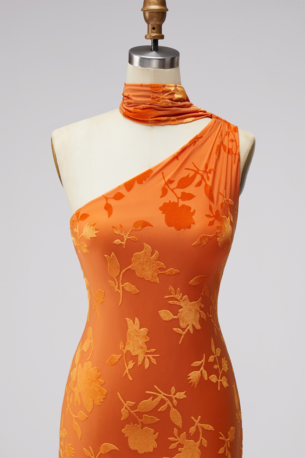 Floral Orange Sheath One Shoulder Long Formal Dress