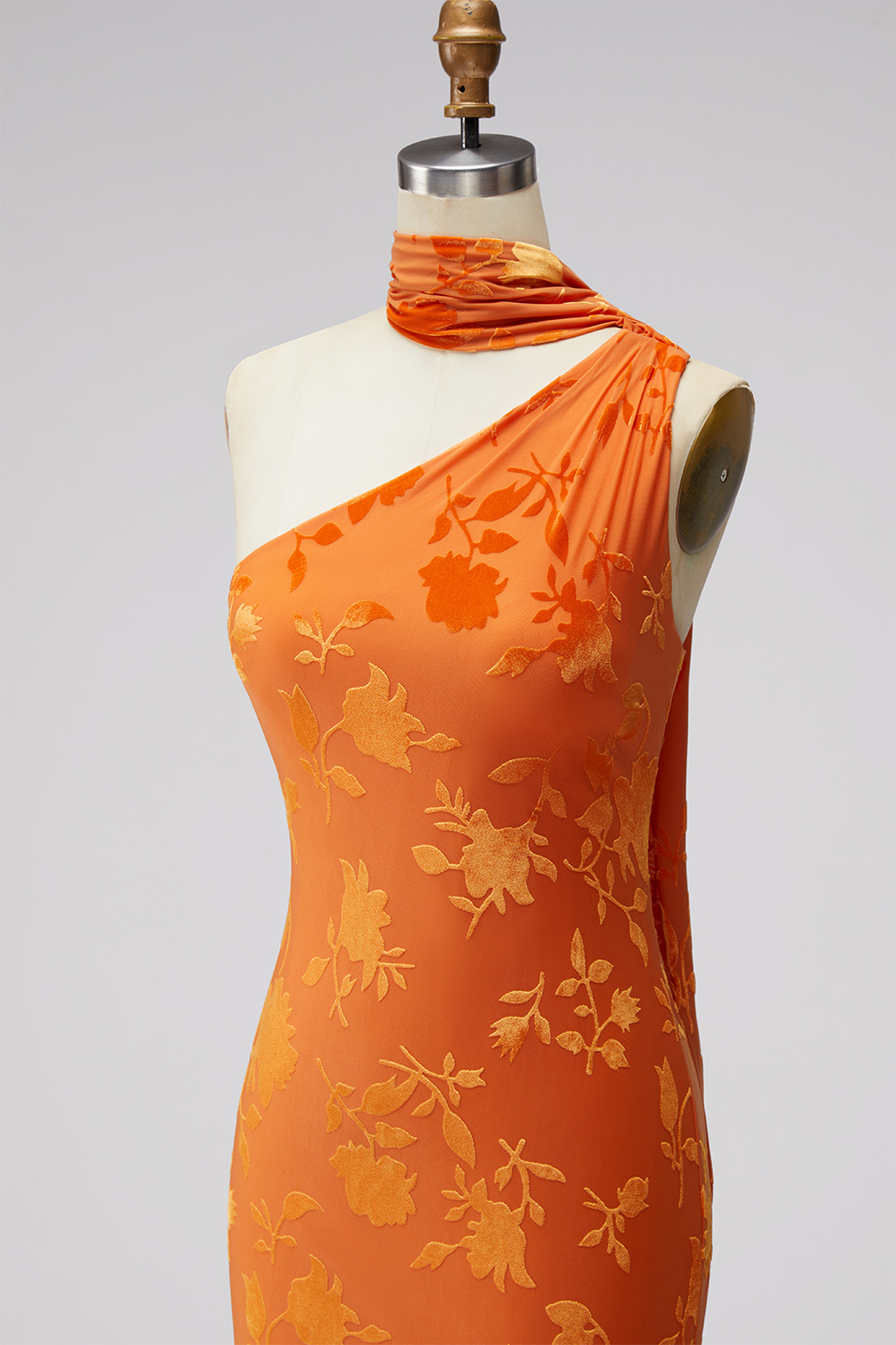 Floral Orange Sheath One Shoulder Long Formal Dress
