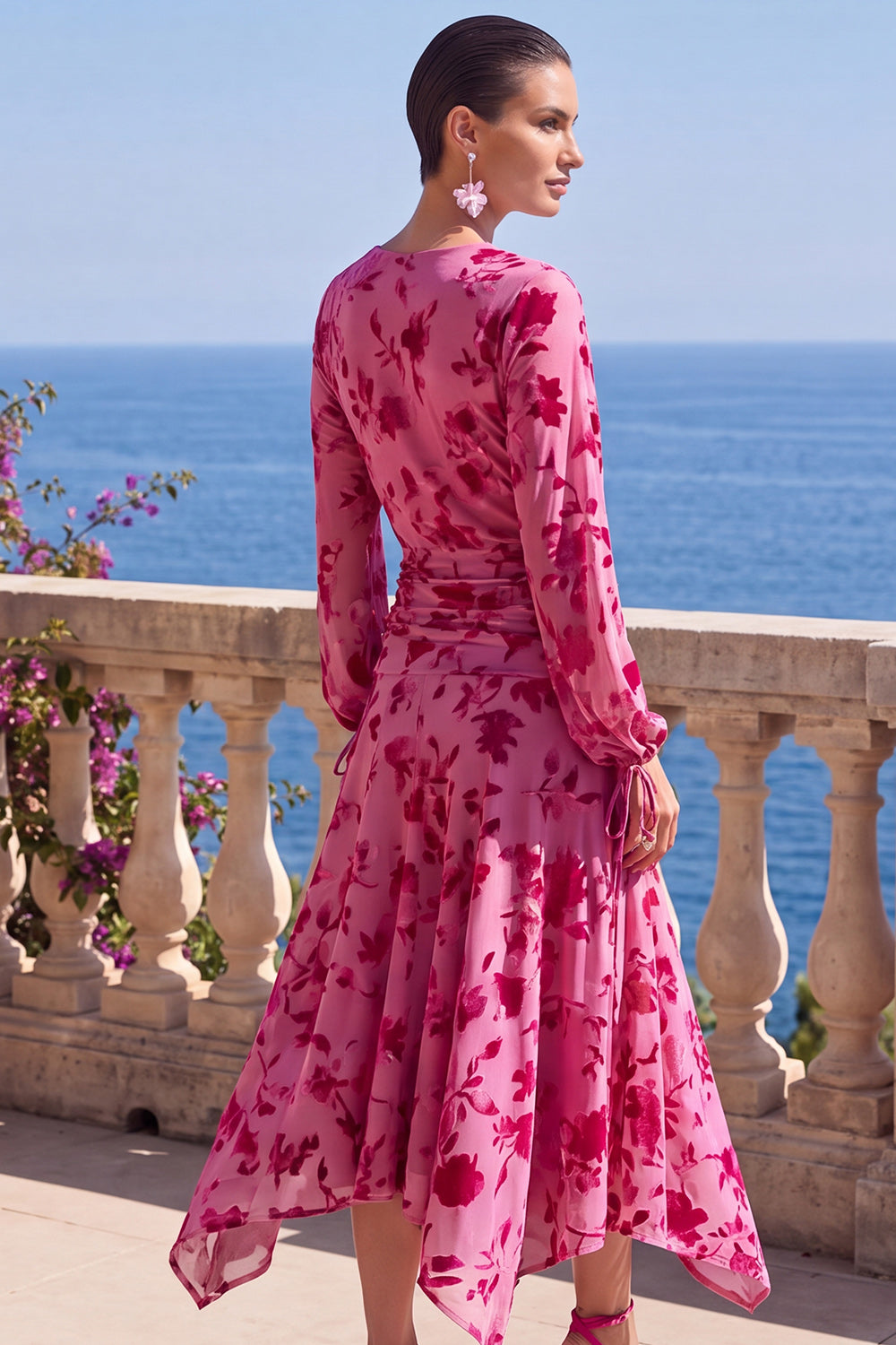 Floral Khaki Ruched Midi Formal Dress with Sleeves