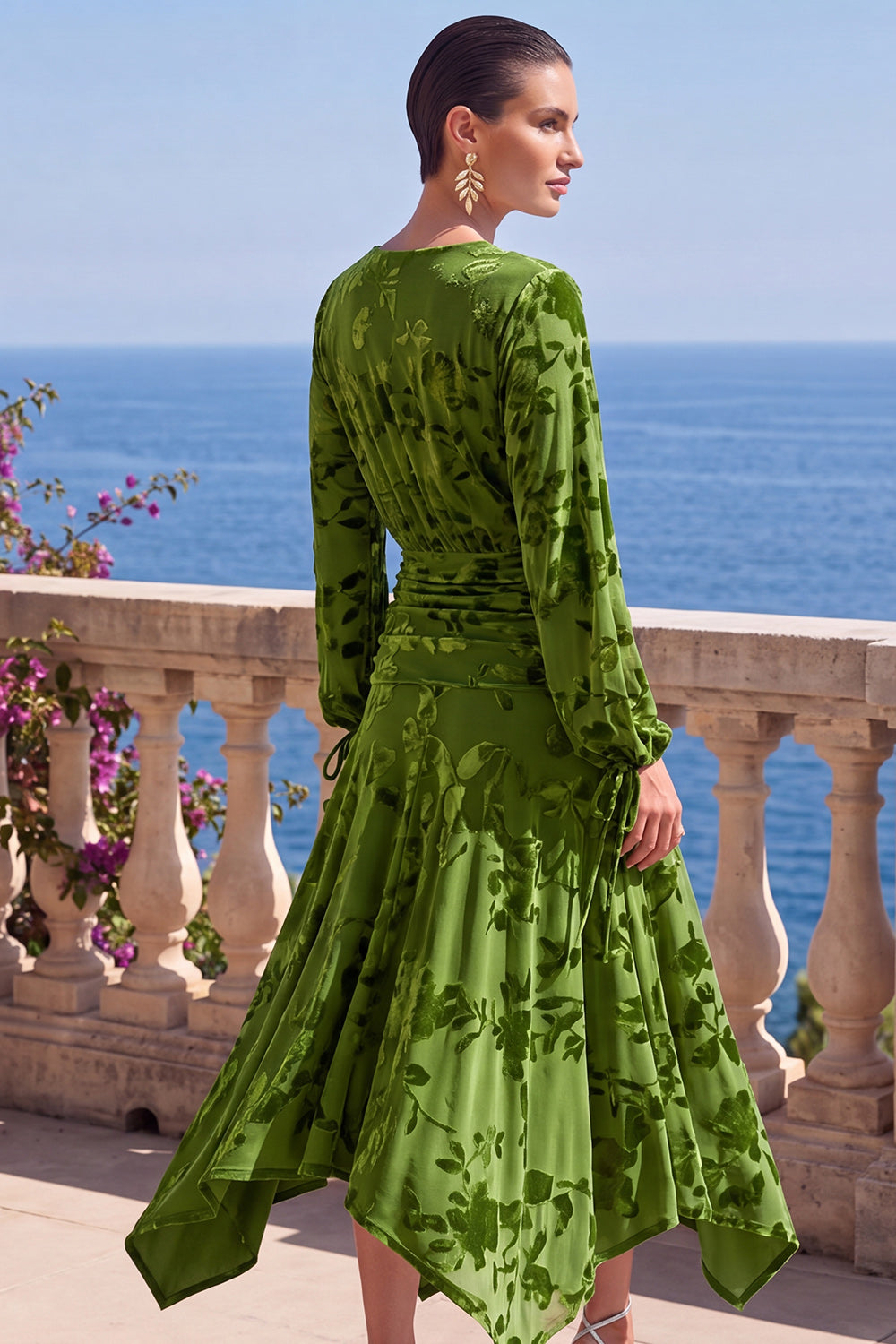 Floral Khaki Ruched Midi Formal Dress with Sleeves