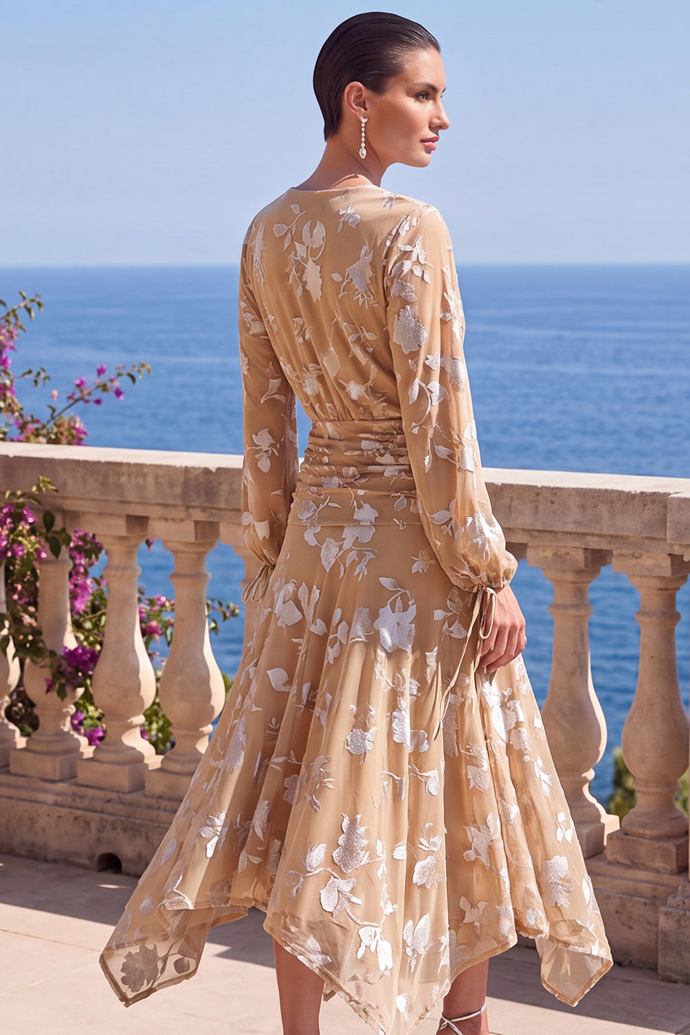 Floral Khaki Ruched Midi Formal Dress with Sleeves