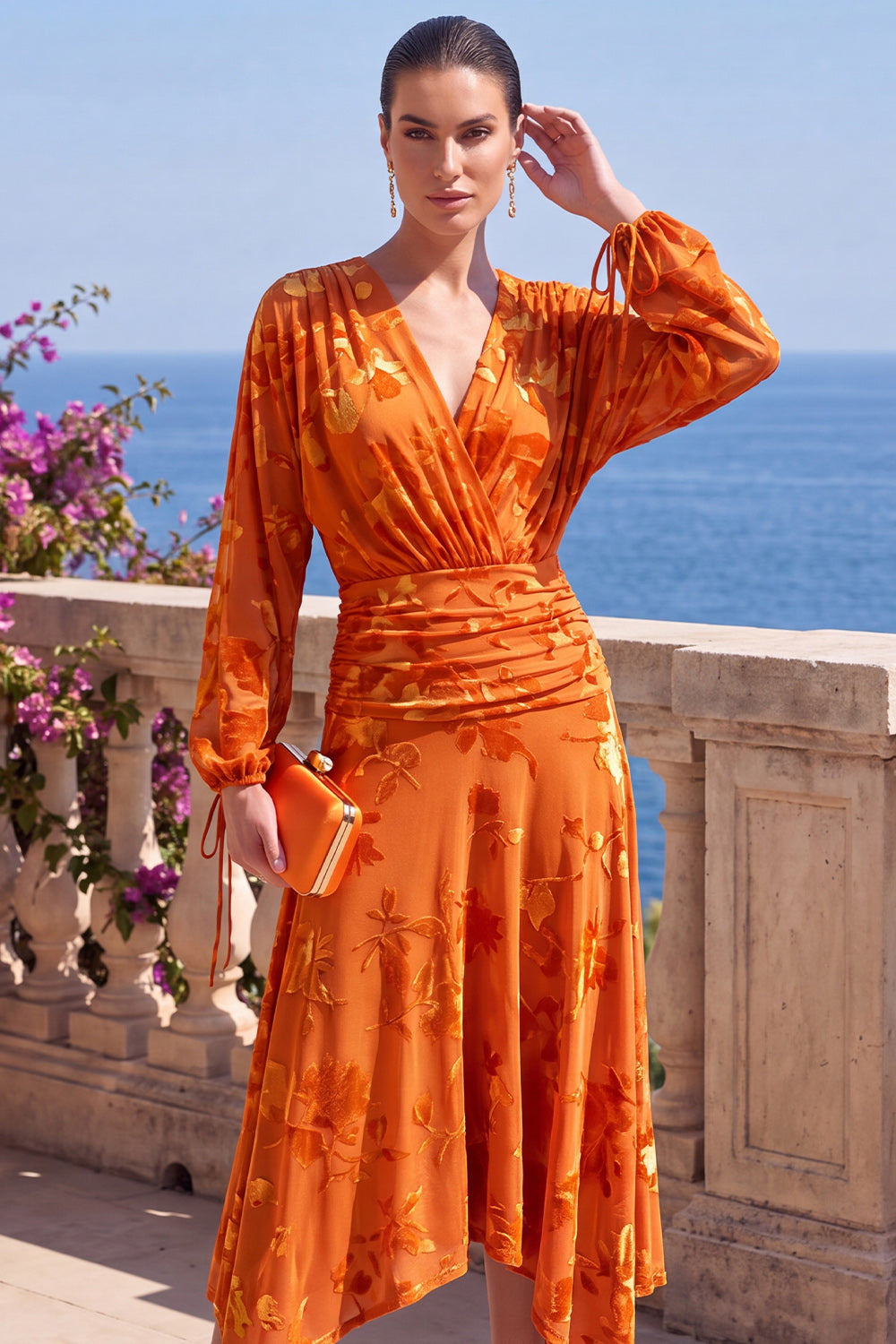 Floral Khaki Ruched Midi Formal Dress with Sleeves