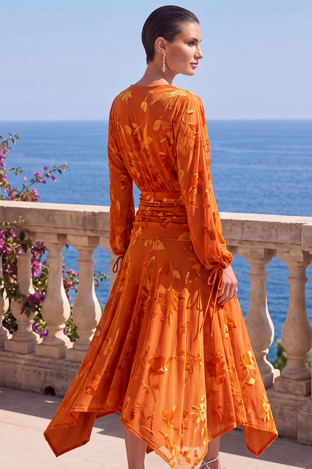 Floral Khaki Ruched Midi Formal Dress with Sleeves