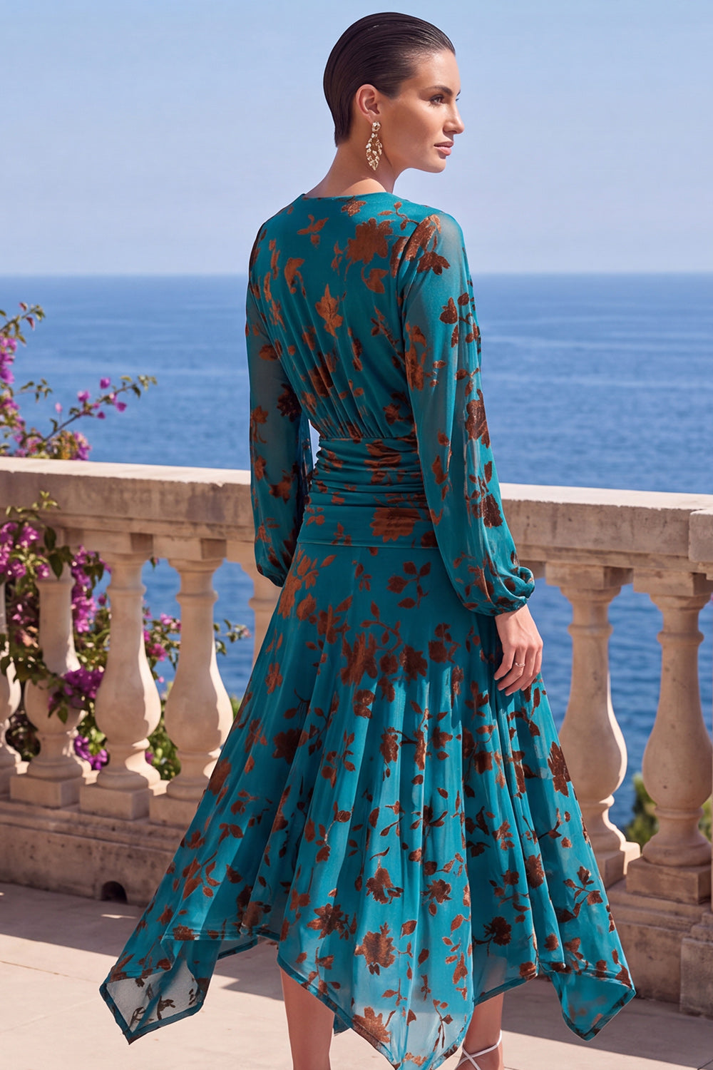 Floral Khaki Ruched Midi Formal Dress with Sleeves