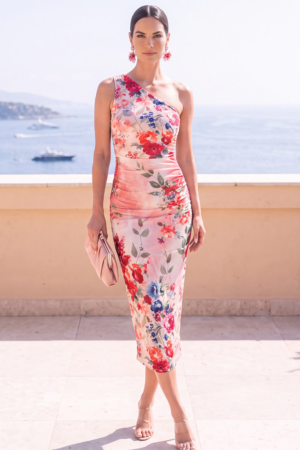 Black Red Floral Bodycon One Shoulder Midi Formal Dress
