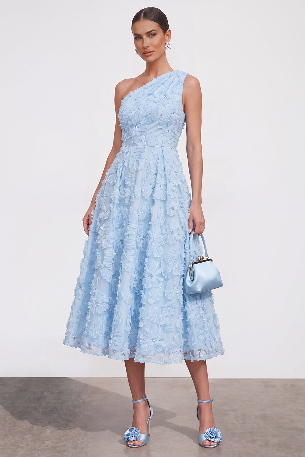 Pink Floral A Line One Shoulder Long Formal Dress