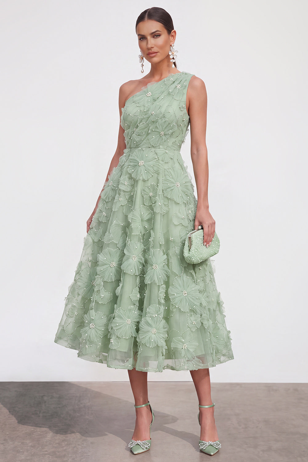 Pink Floral A Line One Shoulder Long Formal Dress