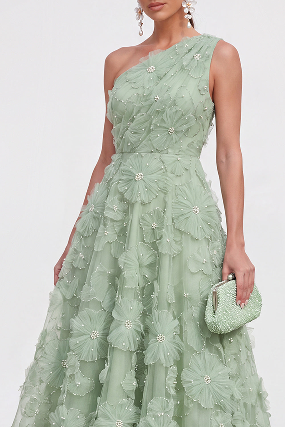 Pink Floral A Line One Shoulder Long Formal Dress
