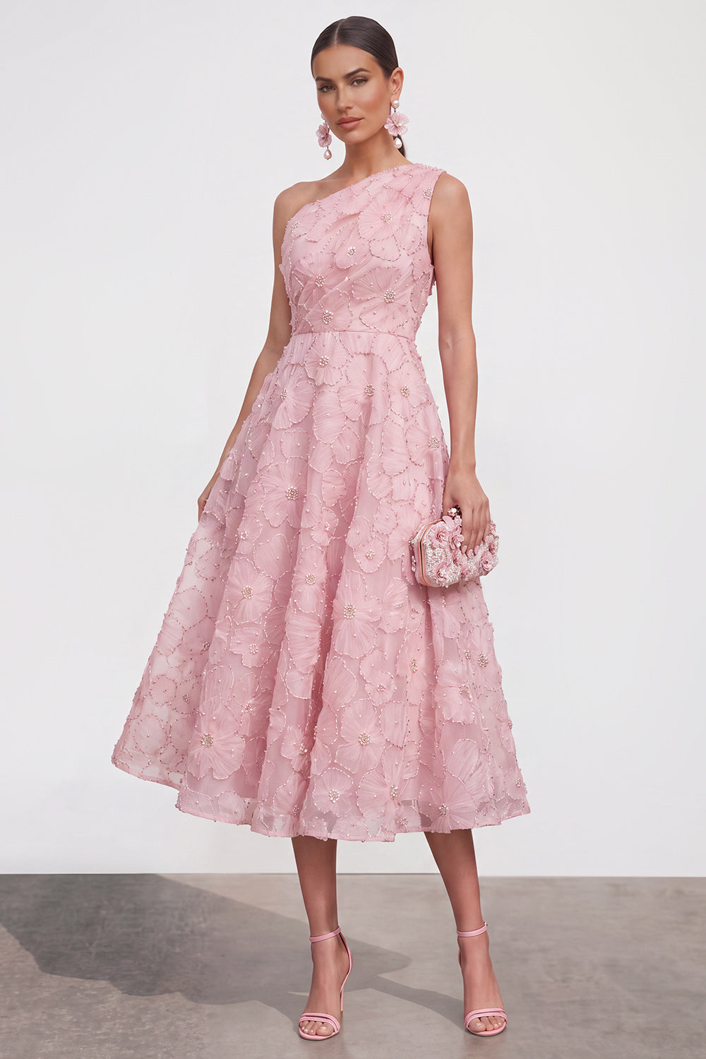 Pink Floral Long Formal Dress One Shoulder A Line Beaded Wedding Guest Dress