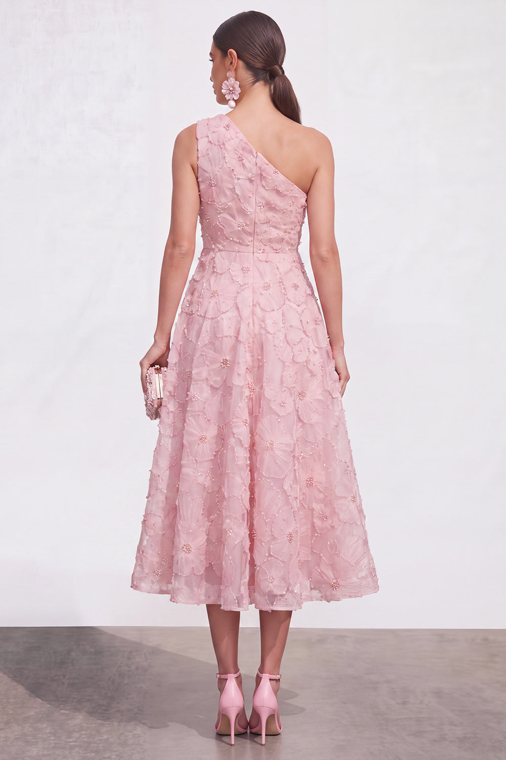 Pink Floral A Line One Shoulder Long Formal Dress
