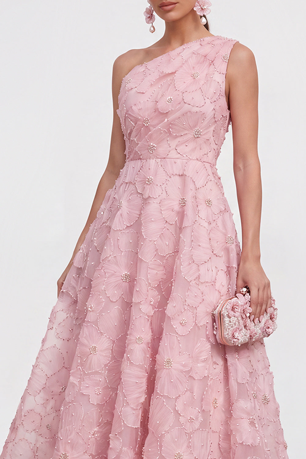 Pink Floral A Line One Shoulder Long Formal Dress