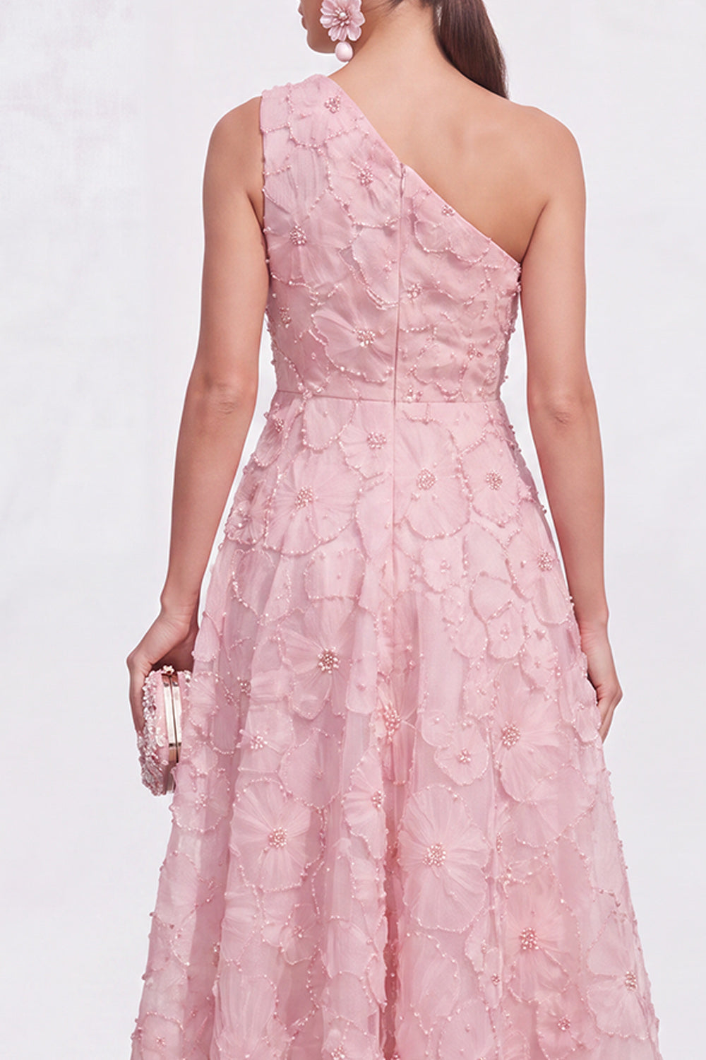 Pink Floral A Line One Shoulder Long Formal Dress