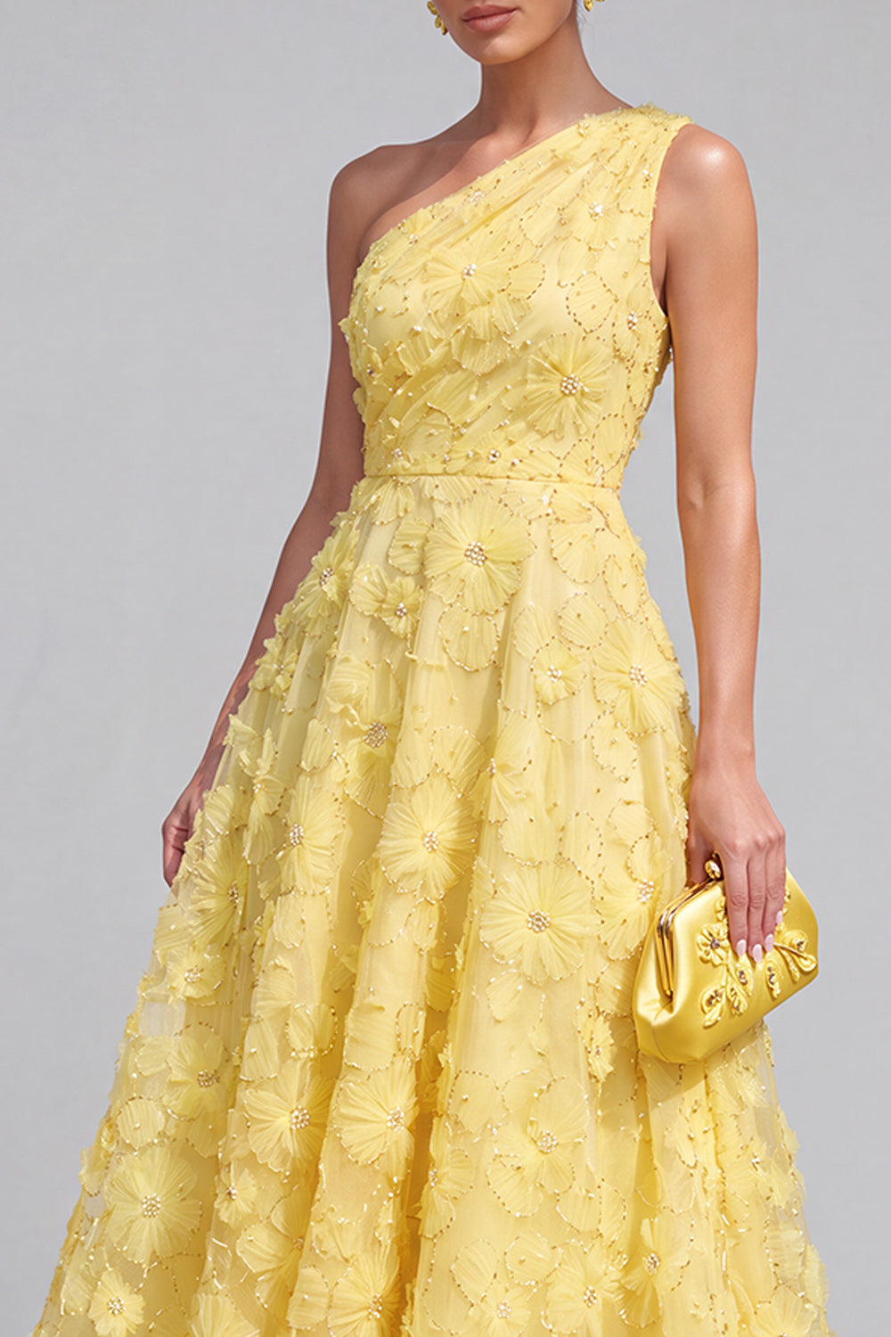 Pink Floral A Line One Shoulder Long Formal Dress