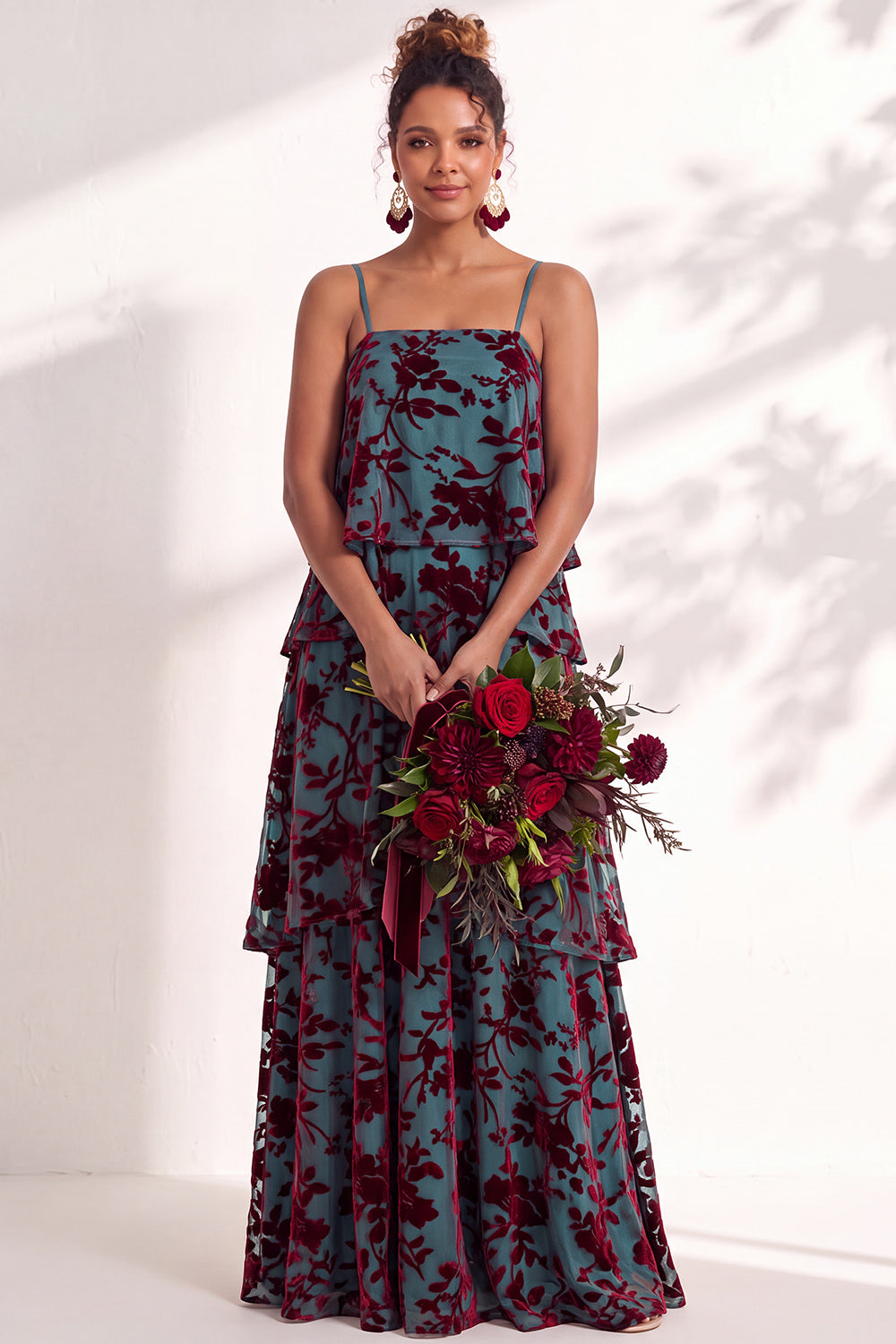 Green Flower Tiered Ruffled Velevt Long Formal Dress