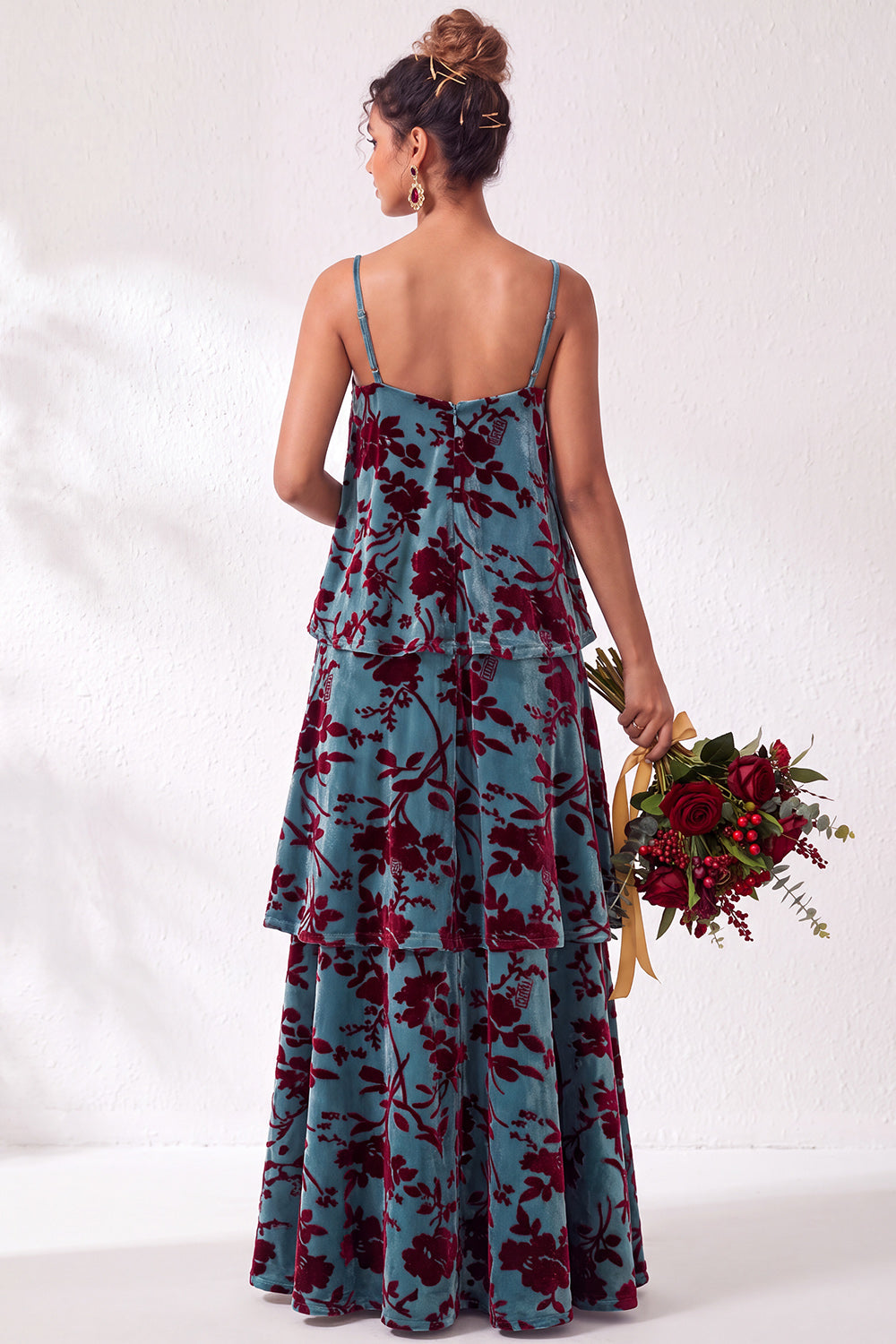 Green Flower Tiered Ruffled Velevt Long Formal Dress