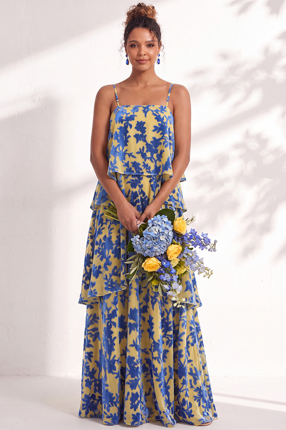 Green Flower Tiered Ruffled Velevt Long Formal Dress